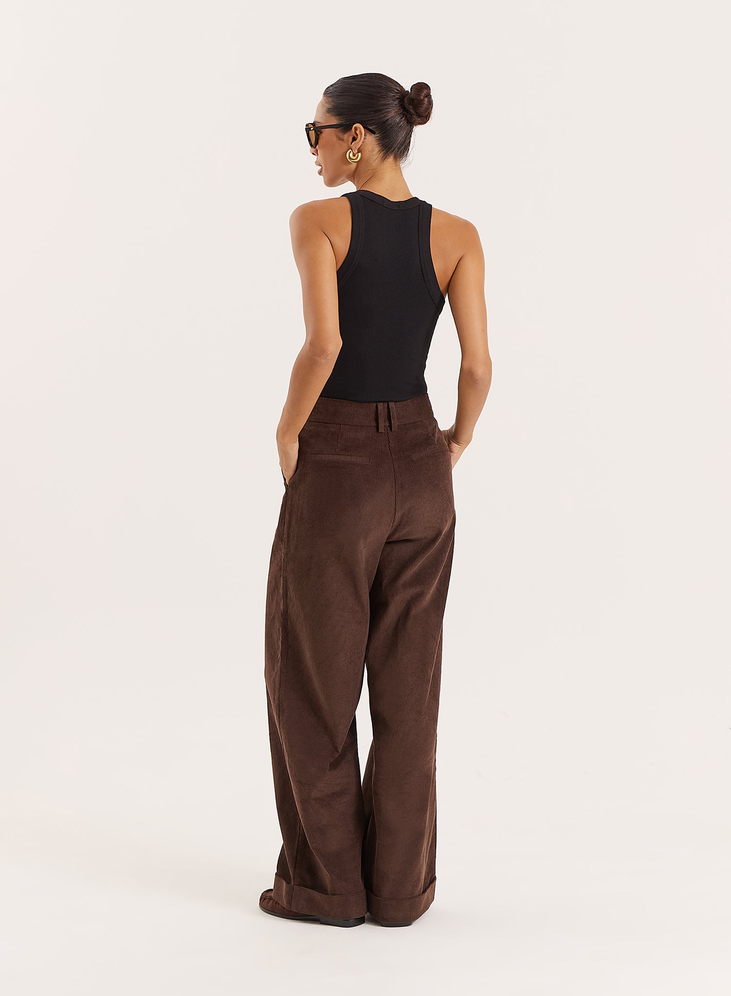 Chocolate Belted Turn Up Cord Wide Leg Trousers - Hughes